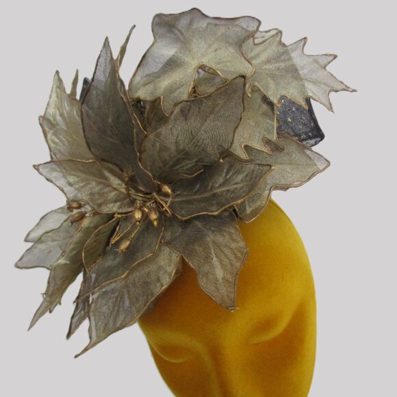 Bronze Gold Leaf Fascinator Whimsy Hat Cocktail Party Sheer Gold Dot Tulle - Picture 6 of 8